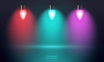 Lightbulb, Spotlights illuminate empty stage blue background. glowing blue , pink and red color. vector