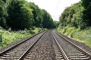 double-track railroad railway or train tracks background with copy space photo