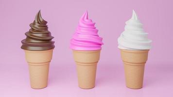 helado suave de sabores de chocolate, vainilla y fresa en cono crujiente sobre fondo rosa.,modelo 3d e ilustración. foto