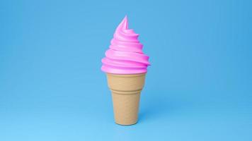 helado de servicio suave de sabores de fresa en cono crujiente sobre fondo azul., modelo 3d e ilustración. foto