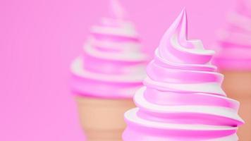 Soft serve ice cream of strawberry and milk flavours on crispy cone on pink background.,3d model and illustration. photo