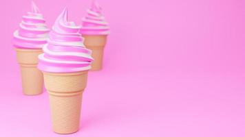 helado de servicio suave de sabores de fresa y leche en cono crujiente sobre fondo rosa., modelo 3d e ilustración. foto