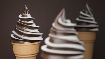 Soft serve ice cream of chocolate and milk flavours on crispy cone on brown background.,3d model and illustration. photo