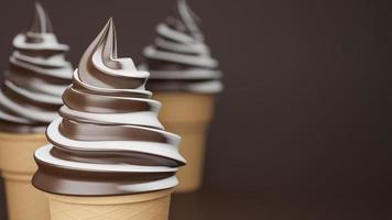 helado suave de sabores de chocolate y leche en cono crujiente sobre fondo marrón., modelo 3d e ilustración. foto