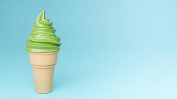 Soft serve ice cream of green tea flavours on crispy cone on blue background.,3d model and illustration. photo