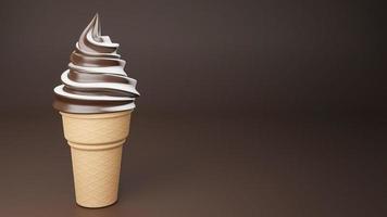 helado suave de sabores de chocolate y leche en cono crujiente sobre fondo marrón., modelo 3d e ilustración. foto