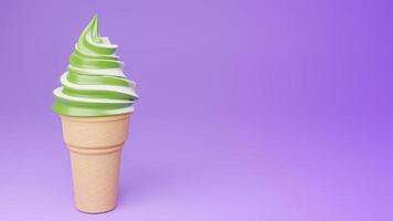 helado suave de té verde y sabores de leche en cono crujiente sobre fondo morado., modelo 3d e ilustración. foto