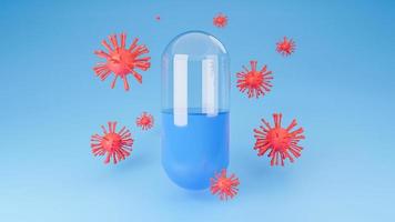 Red Coronavirus or covid-19 surrounds the pill capsule on blue background.,Inhibition of disease outbreaks and Medical technology.,3d model and illustration. photo