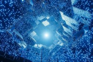 abstract digital Futuristic Sci-Fi background, big data, computer hardware, network, blue neon light, 3d model and illustration. photo