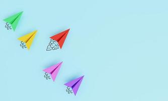 Red paper plane move out and leading from colorful another plane for leadership concept by 3d rendering. photo