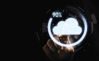 Businessman touching to virtual cloud computing and download percentage progress for transfer data information upload download application. Technology transformation concept. photo