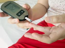 measuring glucose level with digital glucose meter photo