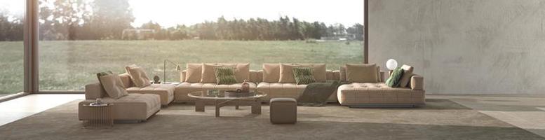 Luxury modern living room interior. Design in beige tones, large windows and nature forest view background. 3d render illustration web banner. photo