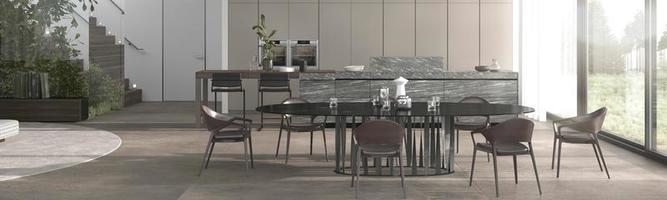 minimalismo diseño de interiores cocina y comedor. isla y sillas contemporáneas, suelo de piedra, techo de madera. Web de banner de ilustración de procesamiento 3d.