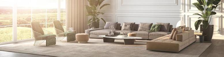 Modern luxury interior background with panoramic windows and nature plants view. Design living room with classic window. 3d render illustration. photo