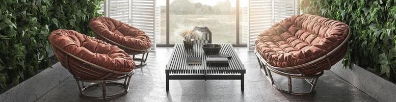 Interior scandinavian design. Living room and indoor terrace. Green wall plants, rattan furniture, stone floor. Web banner. 3d render illustration. photo