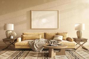 Sala de estar de diseño de interiores boho scandi. marco de imagen de maqueta en pared vacía. 3d render ilustración estilo japandi color beige cálido. foto