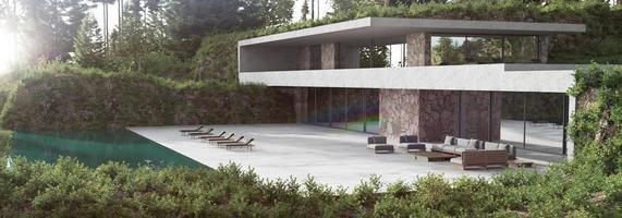 casa de fachada moderna con fondo de vista de naturaleza verde. diseño de arquitectura minimalista. banner web 3D Render ilustración panorámica exterior. foto
