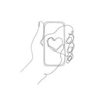 continuous line drawing mobile and love symbol on the screen illustration vector