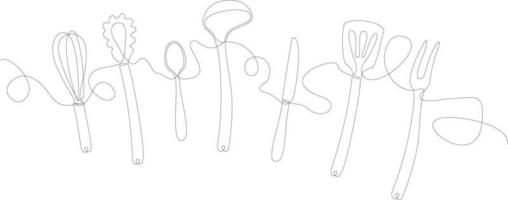 Continuous line art or One Line Drawing of knife, fork, spoons and kitchen utensils. Linear style and Hand drawn Vector illustrations. Cooking. Background with Utensils
