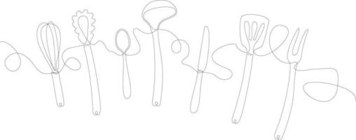 Continuous line art or One Line Drawing of knife, fork, spoons and kitchen utensils. Linear style and Hand drawn Vector illustrations. Cooking. Background with Utensils