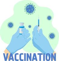 Development and creation of a COVID-19 vaccine. Design by doctor hands with medical gloves holding vaccine bottle and syringe vector