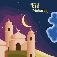 mezquita editable con luna creciente y estrellas en la escena nocturna nublada ilustración vectorial para eid fitr mubarak y el concepto de diseño de momentos islámicos vector