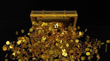 viele verteilen Goldmünzen flogen aus der Schatztruhe. eine Schatzkiste aus Gold, luxuriös, teuer. Eine alte Schatzkiste, die mit ausgeworfenen Goldmünzen geöffnet wurde. 3D-Rendering. video