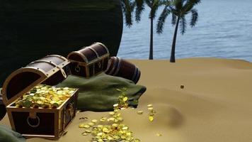 moedas de ouro são espalhadas de caixas ou baús de tesouro. baú de tesouro de madeira colocado na praia em uma ilha deserta no tema do tesouro pirata. renderização em 3D video