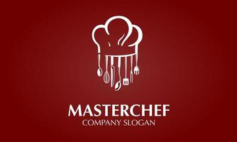 plantilla de logotipo de vector de maestro chef. use este logotipo para un chef, restaurante, catering o cualquier servicio relacionado con alimentos. ilustración del logotipo vectorial. estilo limpio y moderno sobre fondo rojo.