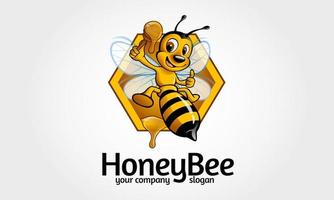 Honey Bee Logo Cartoon Character. Vector happy cartoon bee flying with a delicious honey. Vector logo illustration.