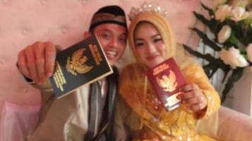 Cianjur Regency West Java Indonesia on June 15, 2021 - A happy couple.  Indonesian Muslim Wedding. photo