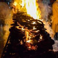 Fire flames on black background, Blaze fire flame texture background, Beautifully, the fire is burning, Fire flames with wood and cow dung photo