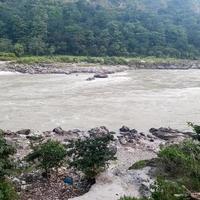 Morning view at GOA beach located in Rishikesh Uttarakhand near Laxman Jhula, Clean view of Ganga river at Rishikesh during early morning time, World famous GANGA river full view photo