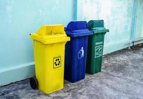 Three types of recycling bins for each type of waste. Conserve the environment. photo