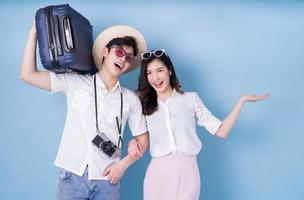 Image of young Asian couple travel, summer vacation photo