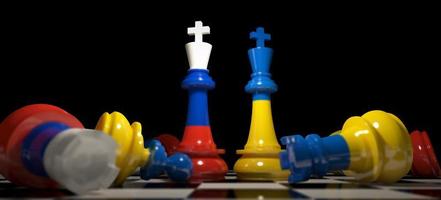 3D render chessboard compare in real world between Russia and Ukraine. photo