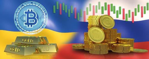 3d render bitcoin,gold,coins.It has take effect news from Ukraine and Russia photo