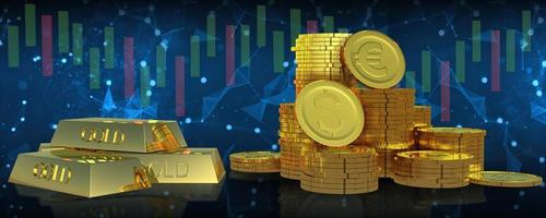 3D render gold compare coins and money.It is key about business and invest. photo