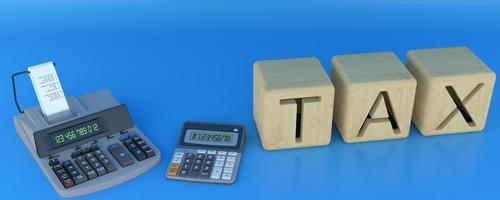 3D Render calculator and tax wood sign for calculate about total income cost photo