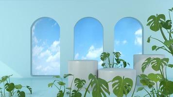 3D podium render with white display and blue sky on arch wall background. photo