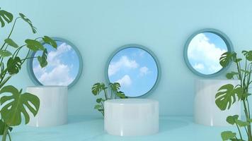 3D podium render with white display and blue sky on circle background. photo
