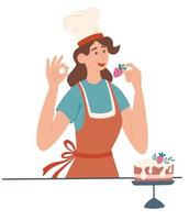 Girl cook. Female cook, baker and pastry chef. Beautiful girl cooks a delicious cake with strawberries. Perfect for printing, menus, restaurants and apps. Vector cartoon illustration