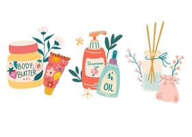 Cosmetics set. Organic cosmetics and tropical leaves. Self-care items. Shampoo, body cream, oil and aromatherapy. Ingredients in cosmetics, aids, treatment. Vector cartoon illustration
