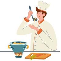 Male chef. Happy guy wearing hat and chef uniform cooks soup. Soup pot, ladle and chopping board. Cooking. Perfect for printing restaurant menus and apps. Hand Drawn flat Vector illustration.