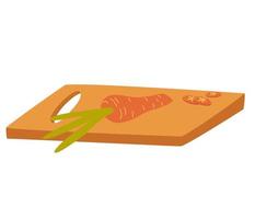 Cutting board with carrots. Organic vegetables carrots potatoes cut on wooden board. Cooking. Flat vector illustration isolated on white background