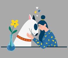 Girl hugs a dog. Woman and a bull terrier. Hugging domestic animal friends, pet owner characters loving and holding. Love and friendship between people and pet. Canine animal. Vector illustration