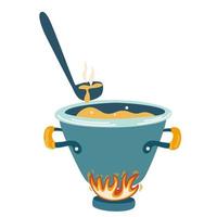 Pot of soup and a ladle. Soup of the day, vegan, sketch cooking style, badge, emblem. For badges, labels, logo, restaurant, menu, classroom kitchen, cafe, studio kitchen. Vector cartoon illustration