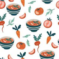 Vegetable soup seamless pattern. Organic Vegetarian Healthy Food. Farm market product. Great for menu, packaging design, fabric. Vector cartoon illustration