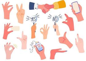 Different hands big set. Various gestures. Pointing hands, gesturing communication language, palm gesture designation. Flat vector illustration isolated on white background